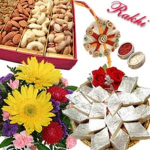 12 Mix Flowers, Dry Fruits & Kaju Katli with Rakhi